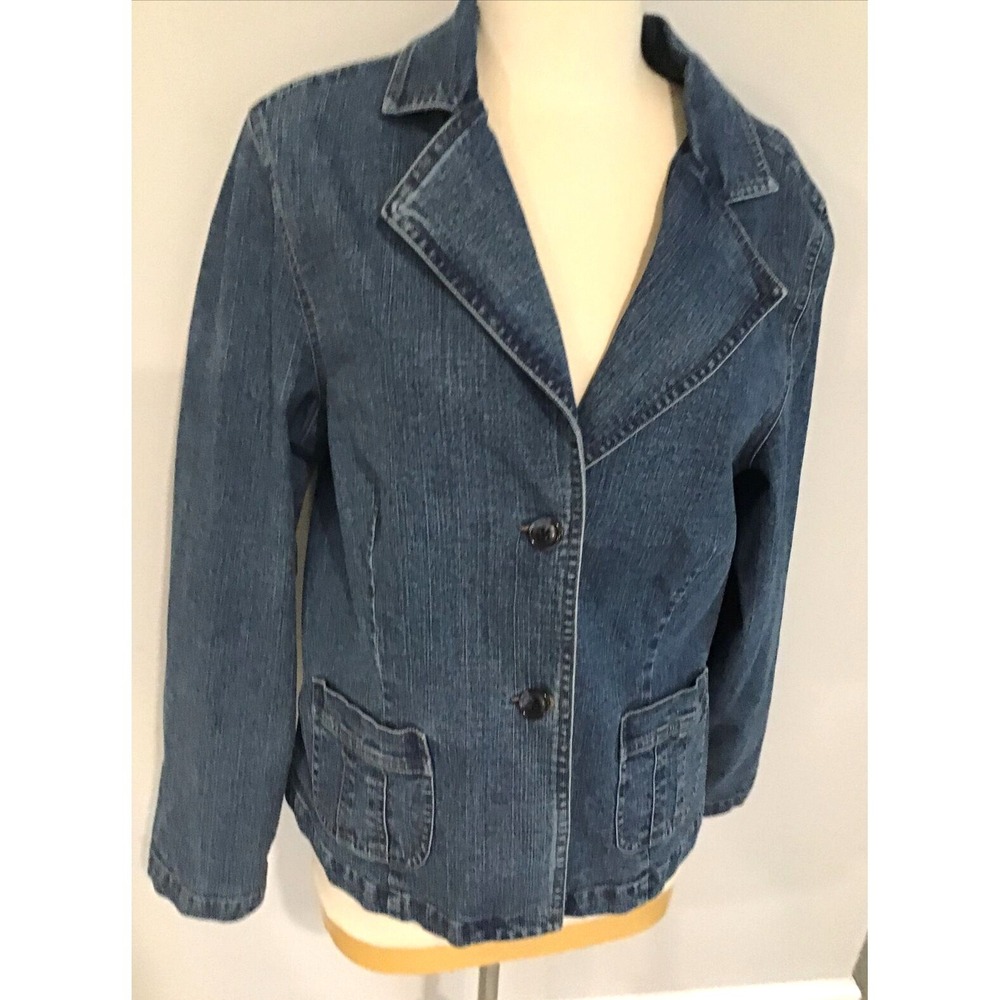 Lee Denim Jacket Women's Long Medium Blue Blazer Pockets Two Button Coat Stretch